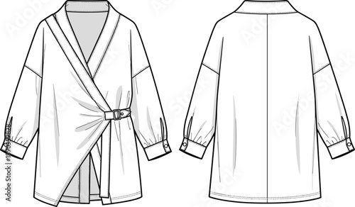 Women Oversized Wrap Coat Fashion Flat Sketch Vector, Belted Long Sleeve Outerwear Technical Illustration, Female Apparel Design CAD Template Drawing