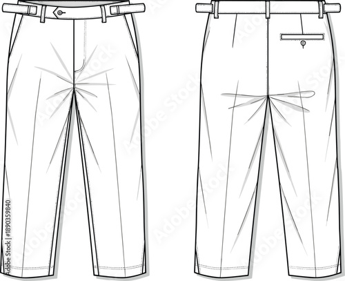Men Classic Tailored Trousers Fashion Flat Sketch Vector, Chino Pants Technical Illustration, Male Apparel Design CAD Template Front and Back