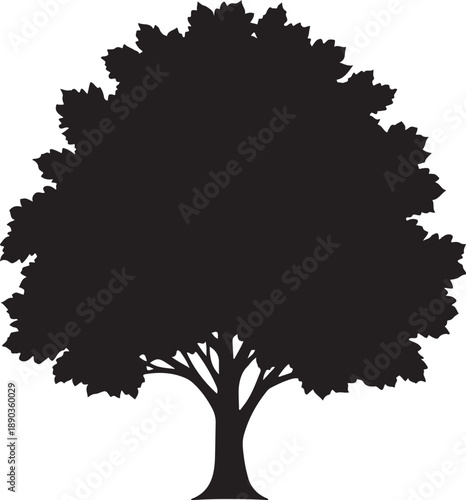 Black tree silhouette icon featuring detailed maple leaves and a sturdy trunk isolated on a white background for graphic design nature projects and environmental branding concepts
