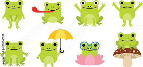 Cute green frog cartoon character set with funny poses, umbrella, lotus flower, and mushroom illustration