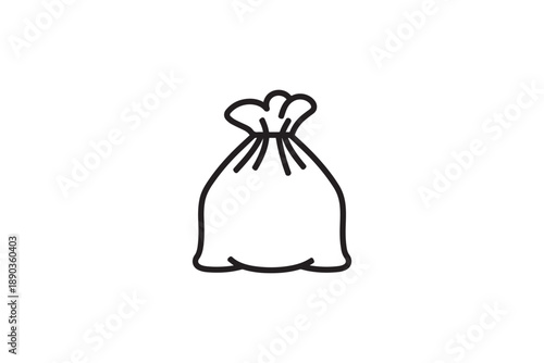 Simple line art drawing of a sack or bag tied at the top on a white background
