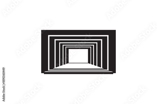 Abstract black and white tunnel with receding square frames creating a sense of depth