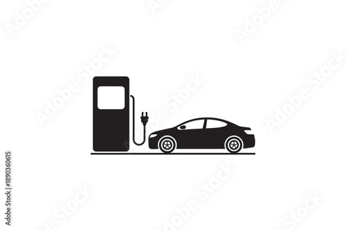 Electric car charging at a gas station style charging pump on a white background