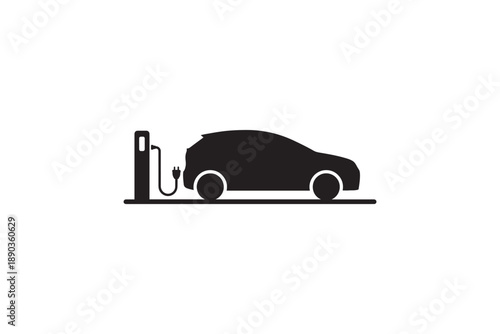 Silhouette of an electric car charging at a public charging station on a white background