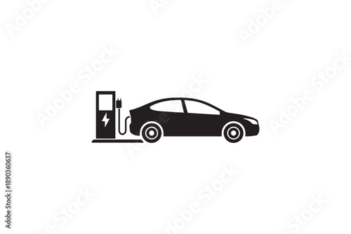Electric car charging at charging station with lightning bolt symbol, clean energy vehicle transportation concept illustration