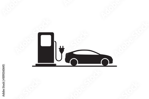 Electric car charges at a gas station style charging pump, highlighting sustainable transportation
