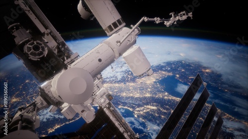 Картината върху платно Lights of Earth twinkle below as astronauts work outside the International Space Station, showcasing human ingenuity and collaboration in low Earth orbit during a star filled night