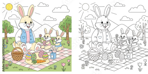 Cute Easter bunny family picnic vector illustration. Colored cartoon scene and black and white outline for coloring book page. Happy rabbits with eggs and basket in spring nature.
