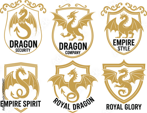 Golden dragon shield logo collection with royal medieval heraldic emblems fantasy vector illustration set for luxury branding identity