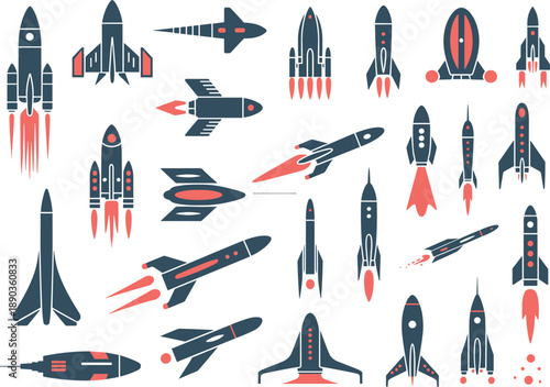 Modern rocket ship icon collection with futuristic spacecraft launch designs flat vector illustration set for space technology branding