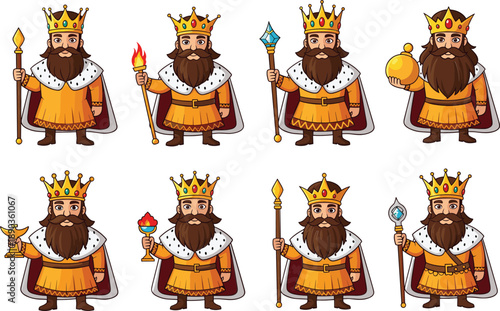Cute king cartoon character vector set with crown, royal robe, scepter and different medieval poses illustration