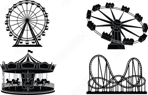 Amusement park ride silhouettes set, ferris wheel carousel roller coaster icons, funfair attraction vector illustration, black theme park collection, isolated