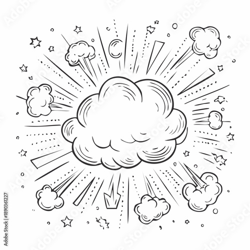 Comic explosion. Doodle boom bomb effects. Hand drawn line action lines, dynamic shape, burst, speech bubble, cloud puff, zap effect