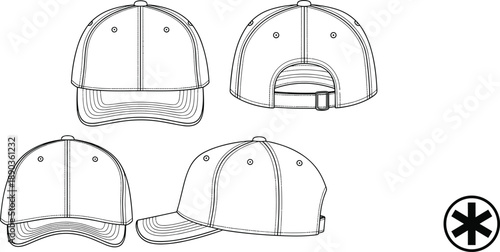 Baseball cap technical drawing set, front back side views, adjustable snapback hat template, vector line art, apparel design illustration