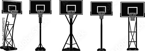Basketball hoop silhouettes set, sport court equipment, black vector collection, street and indoor basket stands, isolated on white, athletic illustration