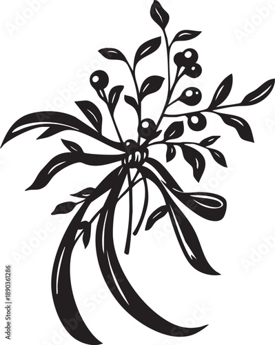 Floral Ribbon Silhouette Vector – Black and White Decorative Bouquet with Leaves, Berries, and Flowing Ribbons for Elegant Design Projects