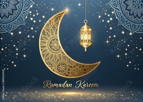 ramadan kareem golden crescent moon and lantern background