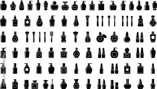 Cosmetic and perfume bottle silhouettes set, beauty product icons, makeup and skincare containers, black vector illustration, isolated fashion packaging collection