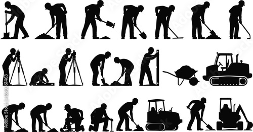 Construction worker silhouettes set, manual labor poses, tools and machinery icons, flat vector style, cad drawing illustration for engineering projects