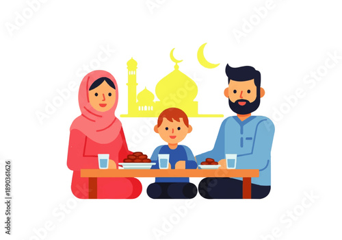 Vector flat design illustration of a Muslim family sitting together at a table with a mosque silhouette in the background.