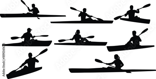 Kayak and canoe paddler silhouettes set, water sport athletes rowing boats, black vector outdoor adventure illustration, isolated kayaking action collection