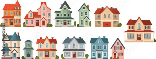 Cute suburban house vector set with colorful residential homes and different modern architecture styles illustration collection
