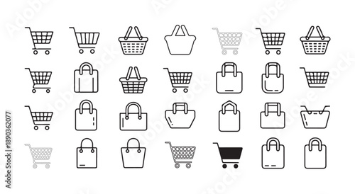 Collection of shopping basket and bag icons for online retail, e-commerce and store design elements