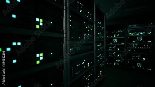 Φωτογραφία In a dimly lit server room, rows of data servers emit bright green lights