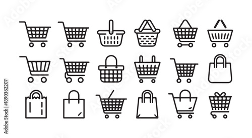 Shopping basket and cart icon set line art collection for retail store ecommerce website interface