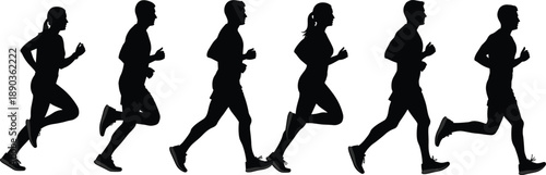 Running people silhouettes set, male and female joggers in motion, fitness sport activity icons, black vector illustration, isolated athlete collection