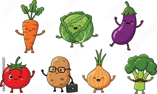 Cute vegetable cartoon character set with tomato, carrot, cabbage, eggplant, potato, onion and broccoli illustration
