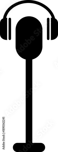 Microphone Audio Equipment Black Flat Style Vector Icon Sound Recording Symbol and Music Podcast Outline Graphic Group Featuring Mic, Headset and Earphone