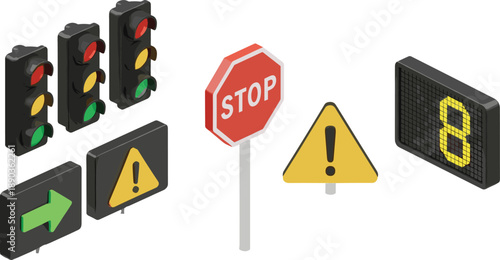 Traffic signal and road sign set, isometric vector icons, stop warning arrow countdown display, urban transportation safety illustration, collection, isolated