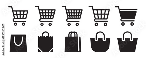 Shopping cart and bag icons set. collection of flat line style shopping and commerce symbols