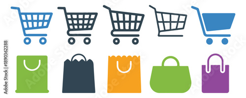 Colorful shopping cart and bag icons for seasonal sales and festive retail marketing campaign designs