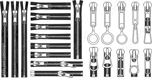 Zipper technical illustration set, sewing fastener components, garment accessory templates, black line art vector, clothing hardware reference, isolated collection
