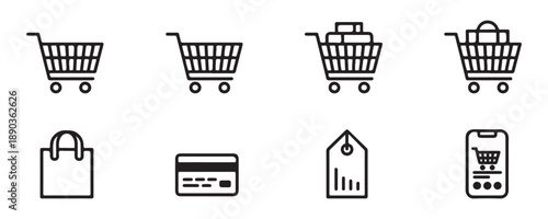 Online shopping icons set with carts bags credit cards tags and phone for e-commerce business vector