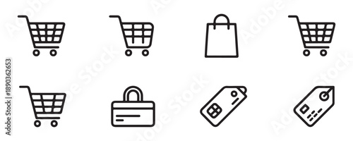 Collection of shopping icons including carts bags credit cards and price tags for online store vector