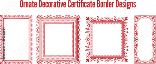 Several ornate red decorative frames with intricate borders suitable for certificates and formal documents