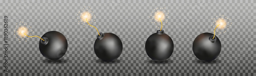 Realistic 3d bomb dynamite sticks with burning fuse. Vector