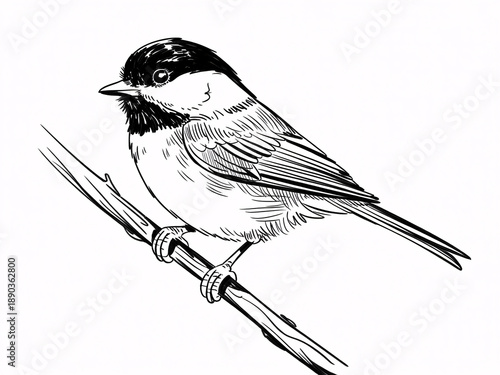Detailed illustration of a black-capped chickadee perched on a branch