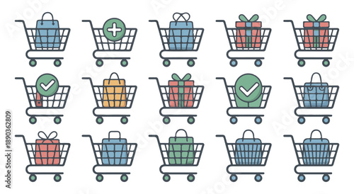 Collection of colorful shopping cart icons filled with bags gifts and check marks