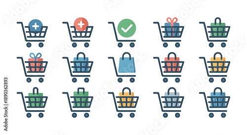 Various shopping cart icons featuring bags gifts plus signs and check marks