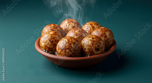 Golden Steaming Paniyaram Traditional South Indian Snack in Rustic Clay Bowl