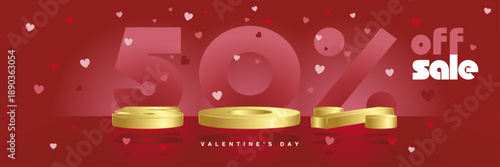 Valentines Day Sale 50% off. 3d golden vector numbers platform podium float in the air. Mockup product display, stage showcase with glow neon discount numbers shape wall red hearts background.ai