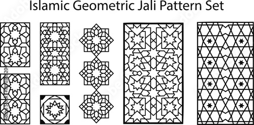 A diverse collection of intricate black outlined Islamic geometric jali patterns arranged on a white background