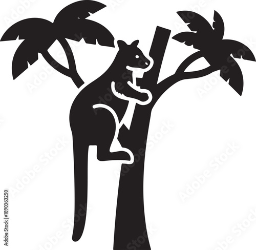 Black silhouette of a kangaroo climbing a tree with palm fronds black and white