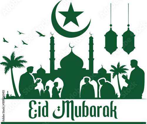 A serene green silhouette illustrates a mosque, people praying, palm trees, and lanterns for Eid Mubarak