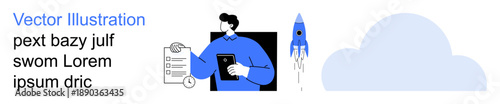 Productivity, workflow management, startup innovation, cloud technology, team collaboration, business solutions. A person holding a checklist, next to a rocket and cloud illustration. Workflow