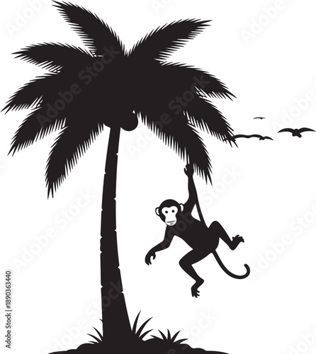 Black silhouette of a monkey swinging from a palm tree with birds flying black and white desi